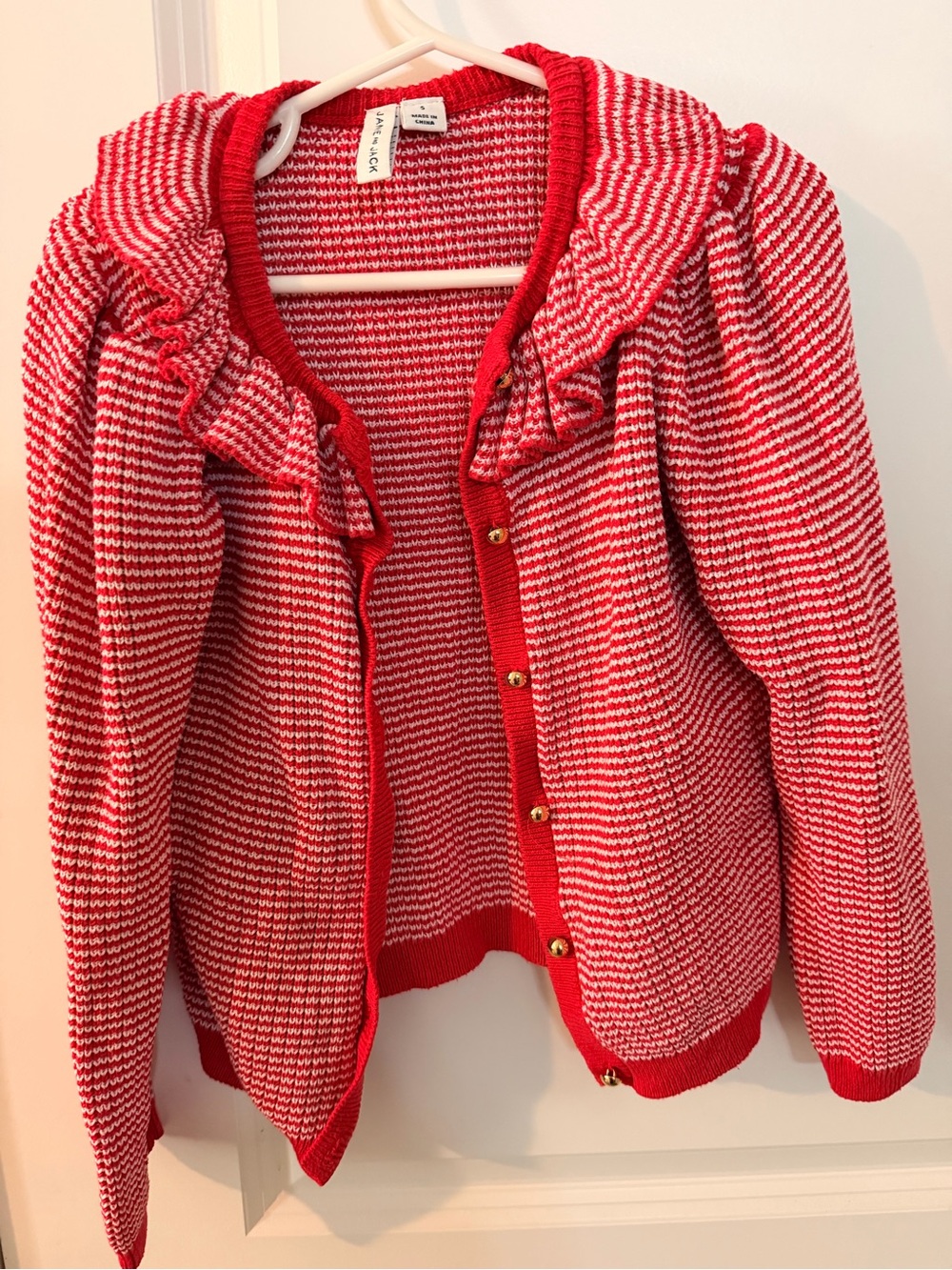 Girls Ruffled Red & White Knit Cardigan